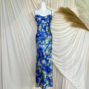 ASTR The Label Florianne Dress Blue Yellow Abstract Floral Satin Maxi Wedding XS